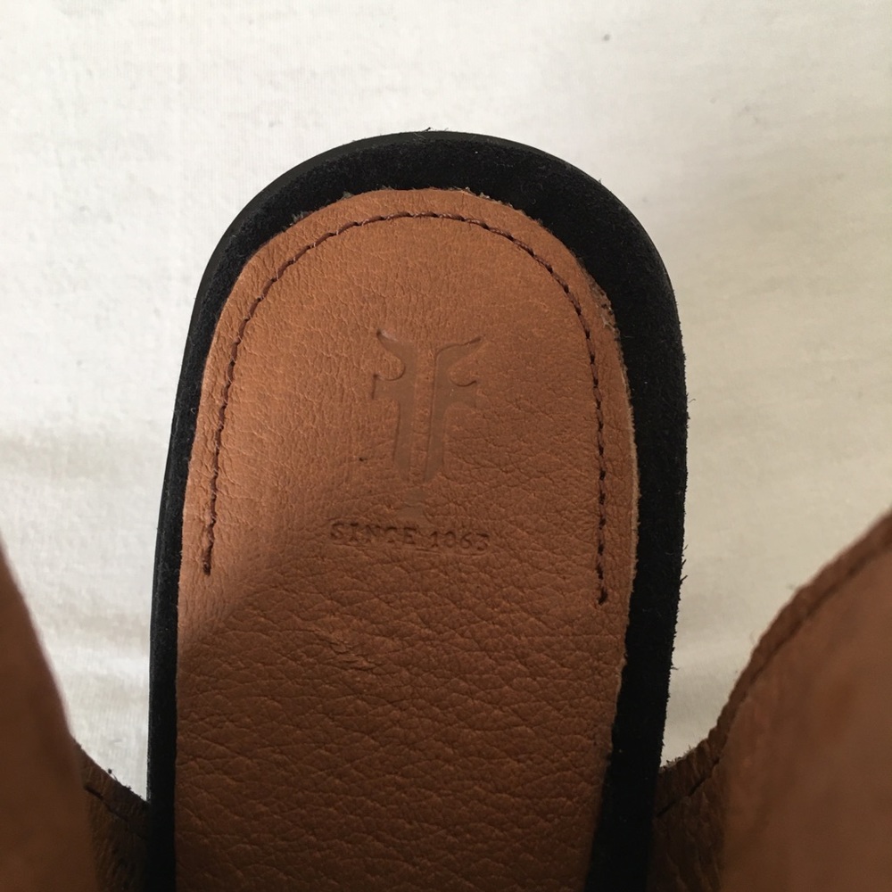FRYE Dani Shield Sling Back Sandal Heels Open toe Wood wmn 6.5 black Or tan New - Picture 8 of 15